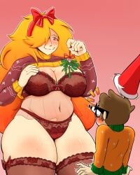 belly belly_button big_breasts big_hips blush bow christmas danscarf freckles freckles_on_face freckles_on_thighs lingerie mistletoe nerd_(nerd_and_jock) nerd_and_jock_(webcomic) red_hair see-through_clothing stockings thick_thighs thighhighs thighs tiger_(nerd_and_jock) warm_colors webcomic webtoon