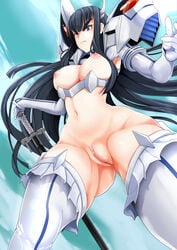 1girls areola areolae armpits bakuzan black_hair blue_eyes boots breasts cleavage closed_mouth elbow_gloves female female_only from_below gloves headwear hourglass_figure janong junketsu kill_la_kill kiryuuin_satsuki large_breasts long_hair looking_down navel nipples pussy shoulder_pads simple_background solo standing stomach studio_trigger sword thigh_boots thighhighs uncensored weapon white_gloves