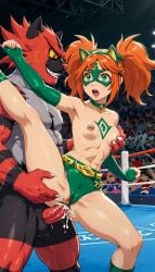 abs ai_generated anal anal_sex anal_sex held_up incineroar legs_up mask original_character pokemon pokemon_(species) red_hair staring_at_another wrestler wrestler_lexiroar wrestling wrestling_outfit wrestling_ring