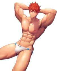 1boy abs absurd_res ass_visible_through_thighs bara beefy biceps big_areola big_bulge blush bulge bulge_through_clothing collarbone eyebrows_visible_through_hair frown gay genital_outline hands_behind_head hi_res hunk legs_apart looking_at_viewer lying lying_on_back male male_only mature_male meisho_hanten muscles muscular muscular_arms muscular_legs muscular_male muscular_thighs navel original original_character pecs pubic_hair quadriceps red_eyes red_hair shaved_armpit short_hair six_pack skindentation smile swim_briefs swimsuit thick_arms thick_thighs tight_clothing topless triceps veiny_belly very_high_resolution white_background yaoi