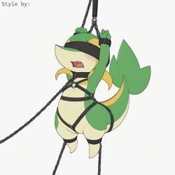 1:1 ai_generated anthro blindfold blush bondage bondage bound chains collar cuff_(restraint) female generation_5_pokemon genitals green_body harness hellsonger hi_res nintendo open_mouth pokemon pokemon_(species) reptile restraints scalie shackles simple_background snivy solo submissive submissive_female suspension suspension_bondage white_background