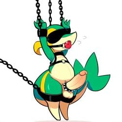 1:1 accessory ai_generated anthro ball_gag balls belly blindfold blush bodily_fluids bondage bondage bound chains clothing cock_ring collar cuff_(restraint) erection gag gagged generation_5_pokemon genitals green_body harness hellsonger hi_res humanoid_genitalia humanoid_penis jewelry male nintendo penis penis_accessory penis_jewelry pokemon pokemon_(species) reptile scalie simple_background snivy solo submissive submissive_male suspension sweat white_background