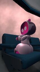 arms_pressing_breasts_together astro_bot cloudy_sky fat_ass kneeling_on_chair looking_back_at_viewer pink_screen rain_on_window raining robot_girl screen_face vrchat vrchat_avatar