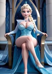 1girl ai_generated big_breasts elsa_(frozen) sitting sitting_on_throne thick_thighs wobblz