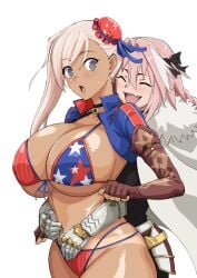 1boy 1girl american_flag_bikini astolfo_(fate) before_sex big_ass big_breasts big_butt big_nipples big_thighs bikini bikini_bottom bikini_top cheating crossdressing dark-skinned_female dark_skin dark_skinned_female fate/apocrypha fate/grand_order fate_(series) female femboy femboy_with_female huge_breasts huge_butt huge_cock huge_nipples huge_thighs hugging_from_behind imminent_sex iwao178 lingerie miyamoto_musashi_(fate) miyamoto_musashi_(swimsuit_berserker) netorare ntr pink_hair silver_hair stars_and_stripes type-moon white_background