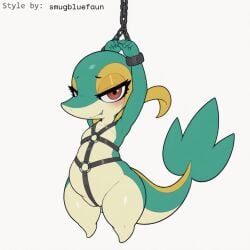 1:1 ai_generated anthro blush bondage bondage bound chains cuff_(restraint) eyelashes female flat_chested generation_5_pokemon harness hellsonger hi_res looking_at_viewer nintendo pokemon pokemon_(species) red_eyes reptile restraints scalie shackles simple_background snivy solo white_background