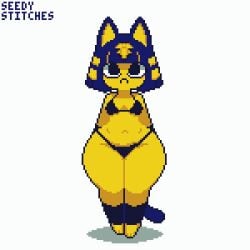 1:1 animal_crossing ankha ankha_(animal_crossing) anthro bikini blue_hair breasts clothing digital_media_(artwork) domestic_cat felid feline felis female frown mammal navel nintendo pixel_(artwork) seedy_stitches_(artist) shaded simple_background simple_shading small_breasts solo swimwear symmetry two-piece_swimsuit wide_hips