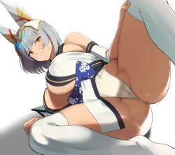 1girls animal_ears cat_ears cat_girl catgirl cleavage grey_hair large_breasts looking_at_viewer nia nia_(xenoblade) nintendo one_leg_raised one_leg_up ruruo smile thick_thighs xenoblade_(series) xenoblade_chronicles_2 xenoblade_chronicles_3 yellow_eyes