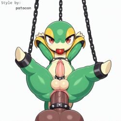 1:1 absurd_res accessory ai_generated anal anal_sex ankle_cuffs anthro anus ass ball_gag balls big_penis bondage bondage bound chained chains cock_ring cuff_(restraint) erection gag gagged generation_5_pokemon genitals girly green_body harness harness_ball_gag harness_gag hellsonger hi_res humanoid_genitalia humanoid_penis jewelry leather_cuffs looking_at_viewer male male/male male_penetrated male_penetrating male_penetrating_male nintendo nude penetration penis penis_accessory penis_jewelry pokemon pokemon_(species) red_eyes reptile restraints scalie sex shackles simple_background snivy solo spread_legs spreading submissive submissive_male suspension teapot_(body_type) white_background