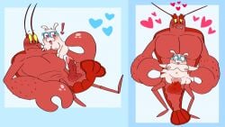 1boy 1girls antenna anthro anthro_on_anthro balls big_dom_small_sub blue_glasses blue_hearts blush breasts crustacean duo eyelashes female genitals glasses heart hearts_around_head interspecies larger_male larry_the_lobster lobster male male/female marine mature mature_anthro mature_female mature_male muscular muscular_anthro muscular_male nickelodeon nipples nude nude_anthro nude_female nude_male oc oc_x_canon open_mouth penis penis_in_pussy pussy pussy_juice red_body sea_pig sex shortstack shortstackflapjacks size_difference smaller_female spongebob_squarepants tail