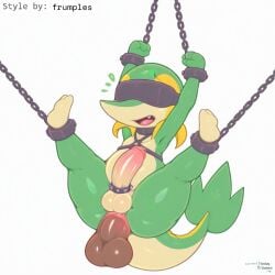 1:1 accessory ai_generated anal anal_sex anthro anus balls blindfold bondage bondage bound chains cock_ring cuff_(restraint) dragon english_text erection generation_5_pokemon genitals green_body hellsonger hi_res humanoid_genitalia humanoid_penis male male/male male_penetrated male_penetrating male_penetrating_male nintendo nude open_mouth penetration penis penis_accessory penis_jewelry pokemon pokemon_(species) reptile restraints scalie sex shackles simple_background snivy solo spread_legs spreading submissive submissive_male suspension white_background