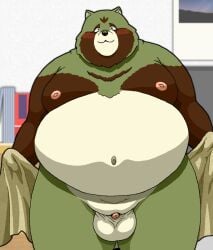 2025 anthro balls belly big_belly blush brown_body butti_myroom canid canine genitals green_body kemono male mammal micropenis moobs navel nipples overweight overweight_male penis raccoon_dog small_penis solo tanuki towel