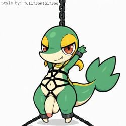 1:1 ai_generated anthro balls bondage bondage bound chained chains cuff_(restraint) erection flaccid foreskin generation_5_pokemon genitals half-erect harness hellsonger hi_res humanoid_genitalia humanoid_penis looking_at_viewer male navel nintendo nude penis penis_accessory pokemon pokemon_(species) reptile restraints scalie shackles simple_background snivy solo submissive submissive_male white_background