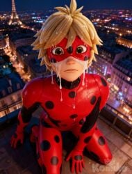 accurate_art_style adrien_agreste ai_generated blonde-haired_male blonde_hair blonde_male cum cum_on_face eiffel_tower gay kneeling ladybug_print looking_at_viewer male male_only mask miraculous:_tales_of_ladybug_and_cat_noir miraculous_ladybug mister_bug on_knees public solo solo_male superhero