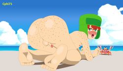 1boy ass_cheeks beach big_ass blush cphi71 crab digital_drawing_(artwork) embarrassed embarrassed_nude_male exhibitionism femboy freckles freckles_on_ass freckles_on_face green_eyes green_hat huge_ass kyle_broflovski looking_at_viewer looking_back naked_hat nipples outdoors red_hair small_penis south_park testicles ushanka