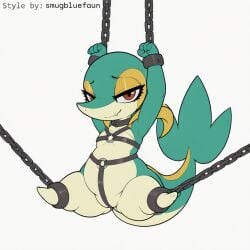 1:1 ai_generated anthro bondage bondage bound chains collar cuff_(restraint) eyelashes female feral generation_5_pokemon harness hellsonger hi_res looking_at_viewer nintendo pokemon pokemon_(species) red_eyes reptile restraints scalie shackles simple_background small_breasts snivy solo spread_legs white_background