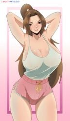 arms_behind_head casual_clothes cleavage hi_res large_breasts long_hair mai_shiranui pinup ponytail snk spottyartslewd street_fighter street_fighter_6 uncensored