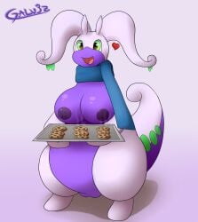 2019 anthro areola big_breasts blue_scarf breasts cookie female female_anthro food galv3z_(artist) generation_6_pokemon genitals goodra green_eyes heart_symbol hi_res looking_at_viewer nintendo nipples pokemon pokemon_(species) purple_areola purple_body purple_nipples pussy scarf simple_background smile smiling_at_viewer