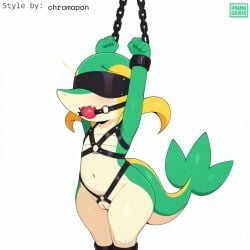 1:1 ai_generated anthro ball_gag blindfold blonde_hair blush bondage bound chains female flat_chested gag gagged generation_5_pokemon genitals green_body hair harness hellsonger hi_res navel nintendo open_mouth pokemon pokemon_(species) pussy reptile scalie semi-anthro simple_background snivy solo white_background