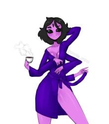 5_eyes bathrobe black_eyes blushing breasts female mirci monster_girl muffet pink_skin robe robe_only seduction seductive_look seductive_smile short_hair simple_background spider_girl tea teacup thick_thighs undertale undertale_(series) white_background