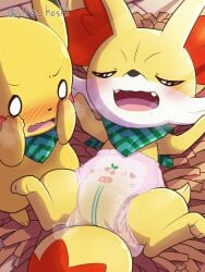 blush closed_eyes diaper fennekin furry legs_apart legs_spread lying lying_on_back lying_on_bed open_mouth pikachu pokemon pokemon_(species) pokemon_rgby pokemon_xy scarf yellow_body yellow_fur