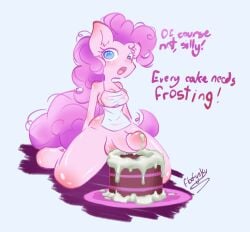 anthro apron apron_only balls blue_eyes blush bodily_fluids breasts cake clothing cum cum_on_food dessert earth_pony english_text equid equine floofyskydraws food friendship_is_magic fur genital_fluids genitals gynomorph hair hasbro hi_res horse intersex kneeling looking_at_viewer mammal my_little_pony penis pink_body pink_fur pink_hair pinkie_pie_(mlp) pony solo text