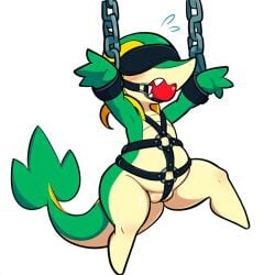 1:1 ai_generated anthro ball_gag blindfold blush bondage bondage bound chains cuff_(restraint) female gag gagged generation_5_pokemon genitals green_body harness hellsonger nintendo open_mouth pokemon pokemon_(species) pussy reptile restraints scalie simple_background snivy solo submissive white_background