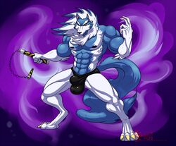 2018 4_toes 5_fingers abs anthro armed black_nose blue_hair blue_skin bulge canine capcom darkstalkers digitigrade eyebrows gallon gloves_(marking) hair hungothenomster jon_talbain looking_aside male male_only mammal mane markings melee_weapon multicolored_hair multicolored_skin muscular muscular_male nipples nunchaku penis_outline purple_background simple_background solo standing toes two_tone_hair two_tone_skin underwear video_games weapon were werewolf white_hair white_skin yellow_eyes