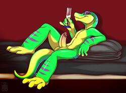 alcohol balls beverage champagne erection food gecko gex_(series) gex_the_gecko humanoid_penis lizard looking_at_viewer lying male male_only muzz nude on_back penis reptile scalie solo