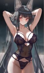 ai_generated animal_ear_fluff anthro armpits black_hair black_panties breasts female fox_girl hime_cut hoshimi_miyabi large_breasts lingerie long_hair panties red_eyes seductive seductive_look timmytommy underwear zenless_zone_zero