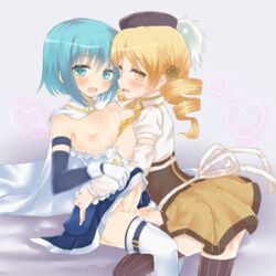 arm_warmers armband beret blonde_hair blue_eyes blue_hair blush breasts cape corset cum cum_on_body cum_on_breasts cum_on_lower_body cum_on_upper_body drill_hair futanari gloves hat human intersex magical_girl mahou_shoujo_madoka_magica miki_sayaka misfit_funny nipples open_mouth penis revision short_hair skirt thighhighs tomoe_mami twin_drills yellow_eyes zettai_ryouiki