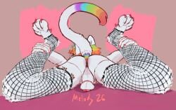 anthro backsack balls blue_eyes chastity_cage chastity_device claws clothing colored_nails colored_toenails dark_anus dark_perineum digital_media_(artwork) domestic_cat draw_over english_text feet felid feline felis female fishnet_clothing fur fur_tuft genitals hair hi_res hindpaw hyperpigmentation looking_at_viewer looking_back looking_back_at_viewer mammal melodybun multicolored_body multicolored_fur multicolored_hair nails paws pink_chastity_cage pink_chastity_device rainbow_body rainbow_fur rainbow_hair raised_tail rear_view revy_(revy) solo tail text toenails toes tuft white_body white_fur