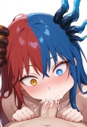 1boy 1girl ai_generated bangs blowjob blue_eyes blue_hair blush cheek_bulge close-up completely_nude cum cum_explosion cum_in_mouth cum_inside dragon_girl fellatio female heterochromia highres horn horns inferna_dragnis large_breasts long_hair looking_at_another looking_at_partner looking_at_viewer male_pov monster_girl nude oral orange_eyes original pale_skin penis pov red_hair saliva shocked shocked_expression split-color_hair surprise surprised surprised_expression symbol-shaped_pupils tilted_head two_tone_hair white_pupils wide_eyed