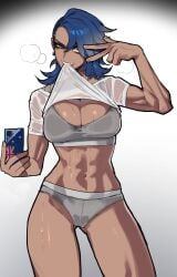 1girl abs arm_up australian_flag blue_hair breasts clothes_in_mouth clothes_lift dark-skinned_female dark_skin earrings grey_panties grey_sports_bra jewelry junker_queen large_breasts lifting_own_clothes mouth_hold muscular muscular_female narrow_waist overwatch overwatch_2 panties piercing ratatatat74 see-through_clothing selfie shirt shirt_in_mouth shirt_lift simple_background sports_bra sports_panties taking_picture underwear v white_shirt