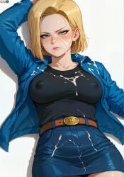 1girls ai_generated android_18 arzagod big_breasts breasts covered_nipples cum dragon_ball hard_nipples huge_breasts laying_on_back mature_female milf solo tagme