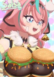 anime_style animegirl big_breasts big_breasts breasts burger food_on_body genshin_impact natlan_girls pink_hair varesa_(genshin_impact)