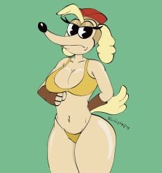 1girls 2025 2d 2d_(artwork) bikini black_eyes canine cuphead_(game) dog dog_ears dog_girl dog_tail female green_background jpeg jpg orange_bikini pilot_saluki_(cuphead) red_hat skullyhearts solo solo_female tagme tail