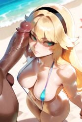 ai_generated beach big_ass big_breasts big_penis blonde_hair blue_eyes blush hairband league_of_legends lux_(league_of_legends) luxanna_crownguard penis_on_cheek penis_on_face short_hair slingshot_swimsuit stable_diffusion