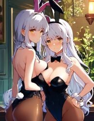 2girls ai_generated bow bowtie, bunny_costume bunnysuit fake_animal_ears fake_ears female leotard long_hair looking_at_viewer pantyhose rabbit_ears rabbit_tail smile strapless viewed_from_below wavy_hair white_hair wrist_cuffs yellow_eyes