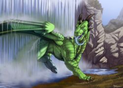 2015 balls big_penis blue_eyes claws danza dragon feral grass green_scales horn knot long_tongue looking_at_viewer male male_only mountain penis plantigrade rock scales sharp_teeth slit_pupils solo teeth toe_claws tongue vein water waterfall wet wings