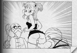 1girls 2boys accidental_exposure ass ass beard blush bulging_eyes bulma_briefs dragon_ball enf-lover hair highres human krillin looking_back master_roshi monochrome panties panties_down pussy staff style_parody vagina