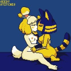 1:1 animal_crossing ankha ankha_(animal_crossing) anthro bed blonde_hair blue_body blue_fur blue_hair breasts canid canine canis closed_eyes digital_media_(artwork) domestic_cat domestic_dog duo felid feline felis female female/female fur furniture isabelle_(animal_crossing) kissing mammal medium_breasts nintendo nipple_piercing nipples on_bed piercing pixel_(artwork) raised_tail restricted_palette seedy_stitches_(artist) shaded signature simple_shading small_breasts tail