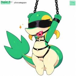 1:1 ai_generated anthro ball_gag blindfold blonde_hair bondage bound chains female flat_chested gag gagged generation_5_pokemon genitals harness hellsonger hi_res navel nintendo nude pokemon pokemon_(species) pussy reptile scalie semi-anthro simple_background snivy solo submissive white_background