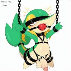 1:1 accessory ai_generated anthro ball_gag balls blush bondage bondage bound chains cock_ring collar cuff_(restraint) erection gag gagged generation_5_pokemon genitals green_body harness heart hellsonger hi_res humanoid_genitalia humanoid_penis male nintendo penis penis_accessory penis_jewelry pokemon pokemon_(species) reptile restraints scalie simple_background snivy solo straps submissive white_background