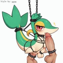 1:1 accessory ai_generated balls big_penis blush bodily_fluids bondage bondage bound chains cock_ring collar cuff_(restraint) disembodied_penis duo erection feral foreskin generation_5_pokemon genitals harness hellsonger hi_res huge_cock human humanoid_genitalia humanoid_penis jewelry looking_at_viewer male male/male nintendo open_mouth penetration penile penis penis_accessory penis_jewelry pokemon pokemon_(species) red_eyes reptile restraints retracted_foreskin scalie sex simple_background snivy submissive thick_penis vein veiny_penis white_background