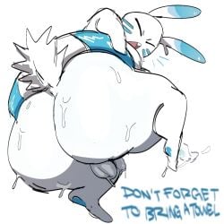 1:1 anthro ass balls beta_pokemon_(species) beta_pokemon_games big_butt blue_body blue_fur bottom_heavy closed_eyes english_text flaccid flotation_device fur gat0pussy24 genitals hi_res huge_butt humanoid_genitalia humanoid_penis lagomorph leporid male mammal nintendo open_mouth pear-shaped_figure penis pokemon rabbit solo text thick_thighs warabbit white_body white_fur wide_hips