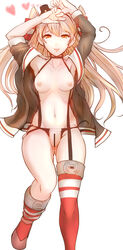 absurdres amatsukaze_(kantai_collection) ass_visible_through_thighs bar_censor between_labia censored choker collarbone dearmybrothers hat heart highres innie_pussy kantai_collection long_hair lying open_clothes orange_hair simple_background small_breasts thighhighs top_hat two_side_up white_hair