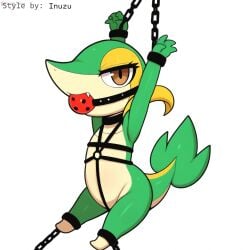 1:1 ai_generated ankle_cuffs anthro ball_gag bondage bondage bound chained chains cuff_(restraint) female gag gagged generation_5_pokemon green_body harness hellsonger hi_res nintendo pokemon pokemon_(species) reptile restraints shackles simple_background snivy solo submissive submissive_female white_background wrist_cuffs