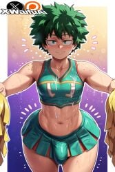 ai_generated bulge bulge_through_clothing cheerleader cheerleader_uniform femboy flat_chest flat_chested gay green_hair izuku_midoriya looking_at_viewer my_hero_academia sissy standing thick thick_thighs wet xwaifuai