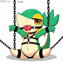 1:1 ai_generated anthro ball_gag bondage bondage bound chains female feral gag gagged generation_5_pokemon green_body harness hellsonger hi_res navel nintendo pokemon pokemon_(species) reptile restraints scalie simple_background snivy solo submissive white_background yellow_body